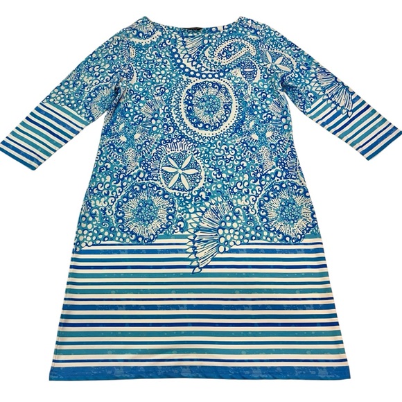 TANGO MANGO Smooth Stretch Shift Dress Size Large Blue White Floral 3/4 Sleeve - Picture 3 of 9